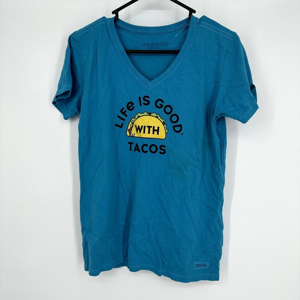 Life is Good Crusher Tee Women's Blue Short Sleeve Size Medium Taco Shirt‎
